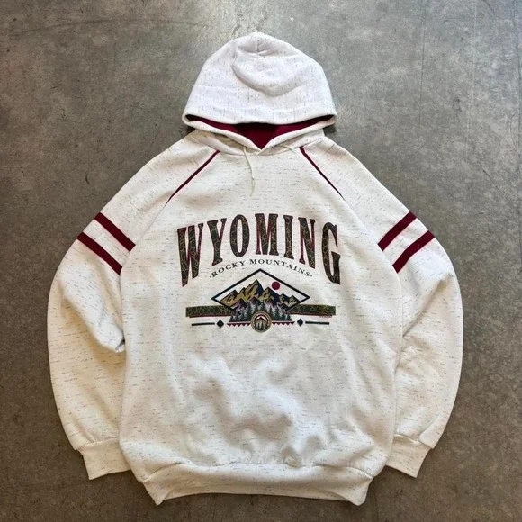 Vintage 90's Raglan Cut Wyoming Rocky Mountains Graphic Hoodie USA Made Outdoors - Picture 1 of 7